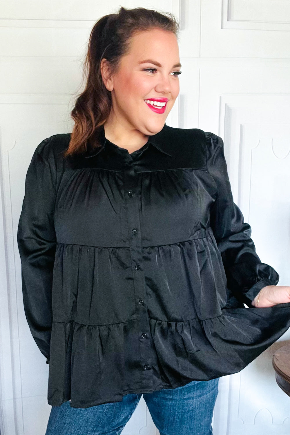 Perfectly You Black Button Down Tiered Babydoll Satin Tops | Nikki &amp; Co. Boutique