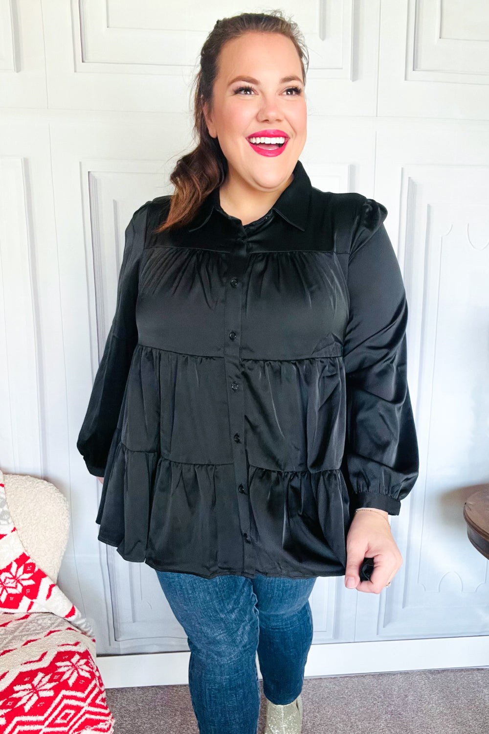 Perfectly You Black Button Down Tiered Babydoll Satin Tops | Nikki &amp; Co. Boutique