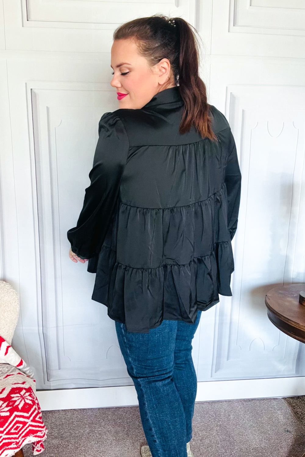 Perfectly You Black Button Down Tiered Babydoll Satin Tops | Nikki &amp; Co. Boutique
