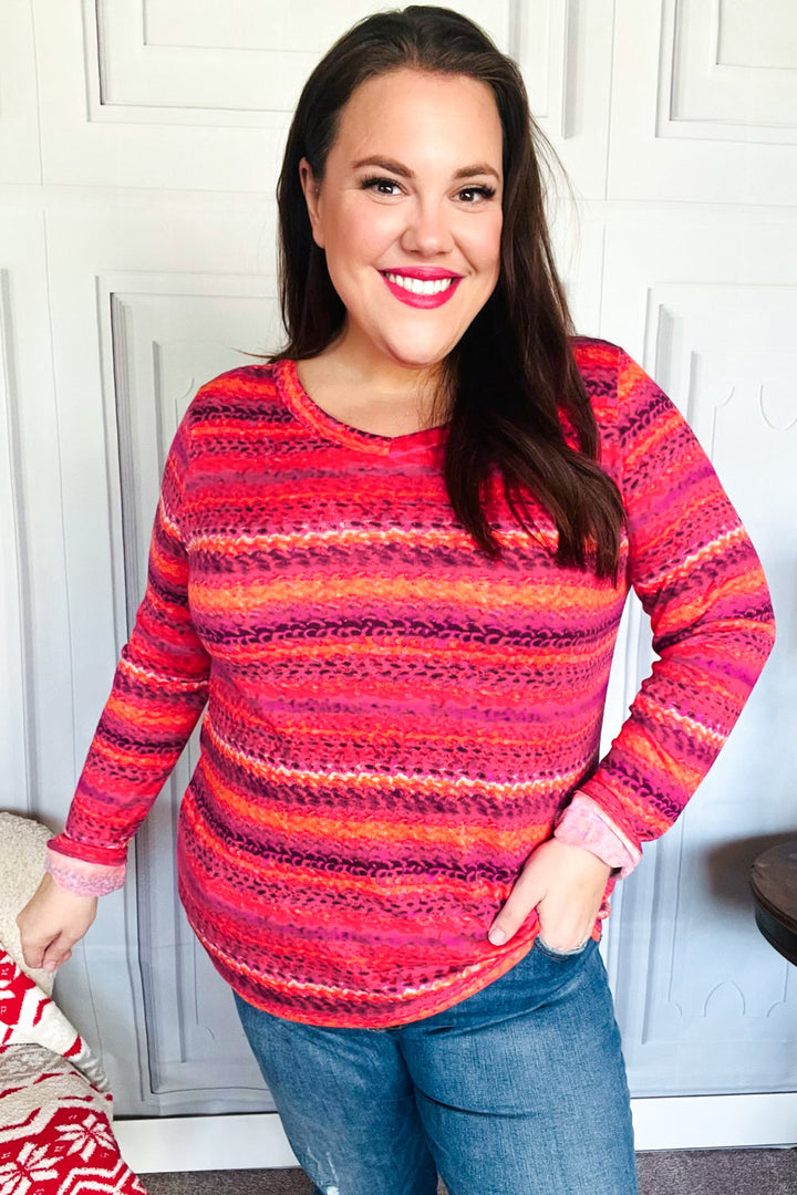 Be Bold Flame &amp; Magenta Striped Cable Knit Print Hacci Top | Nikki &amp; Co. Boutique