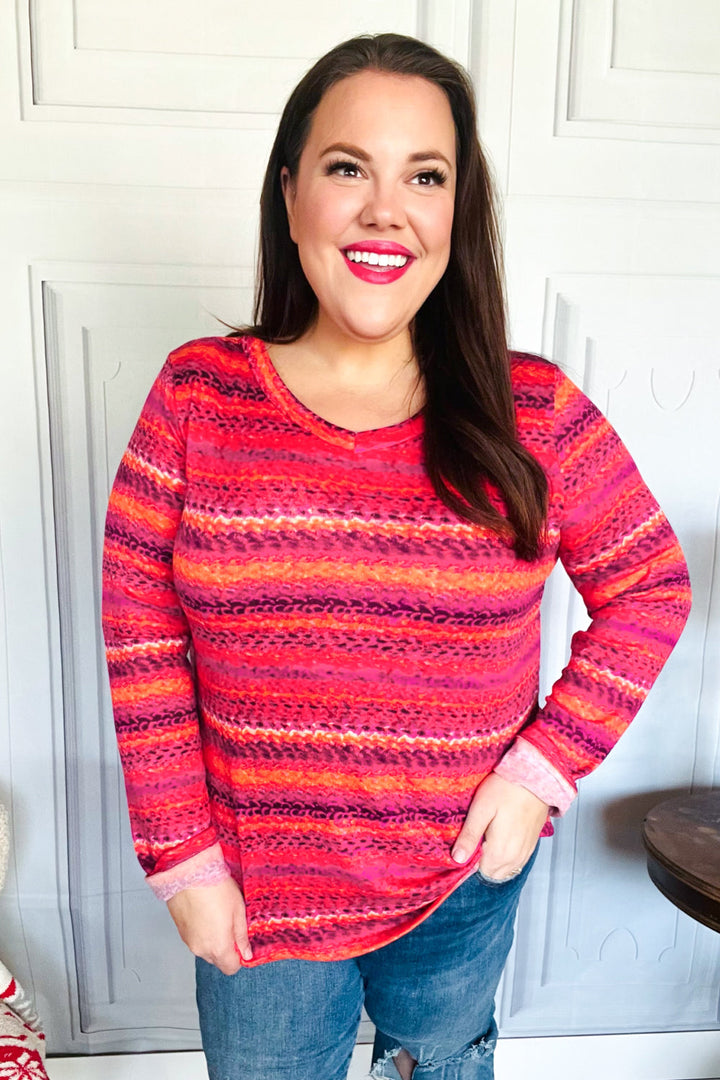 Be Bold Flame &amp; Magenta Striped Cable Knit Print Hacci Top | Nikki &amp; Co. Boutique
