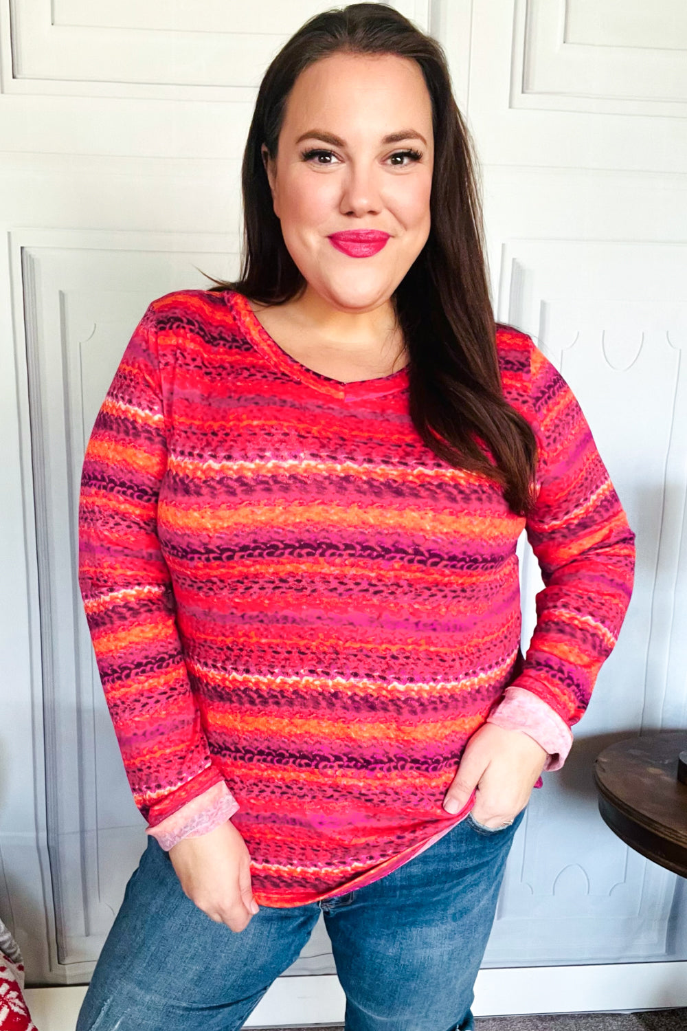 Be Bold Flame &amp; Magenta Striped Cable Knit Print Hacci Top | Nikki &amp; Co. Boutique