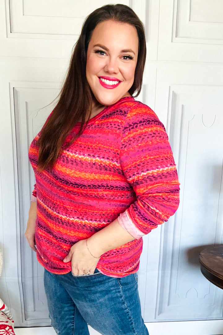 Be Bold Flame &amp; Magenta Striped Cable Knit Print Hacci Top | Nikki &amp; Co. Boutique