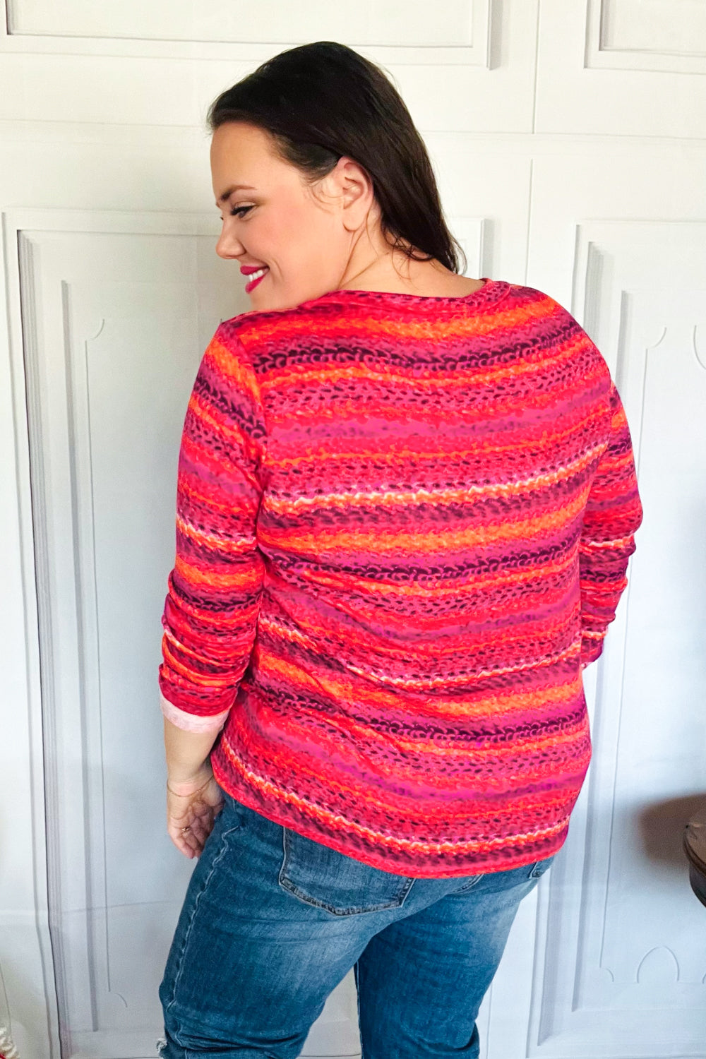 Be Bold Flame &amp; Magenta Striped Cable Knit Print Hacci Top | Nikki &amp; Co. Boutique