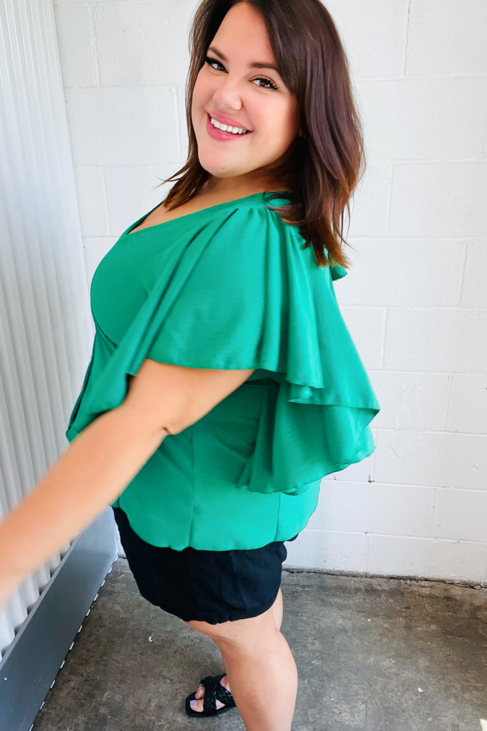 Sea Green Button Ruffle Woven Tops | Nikki &amp; Co. Boutique