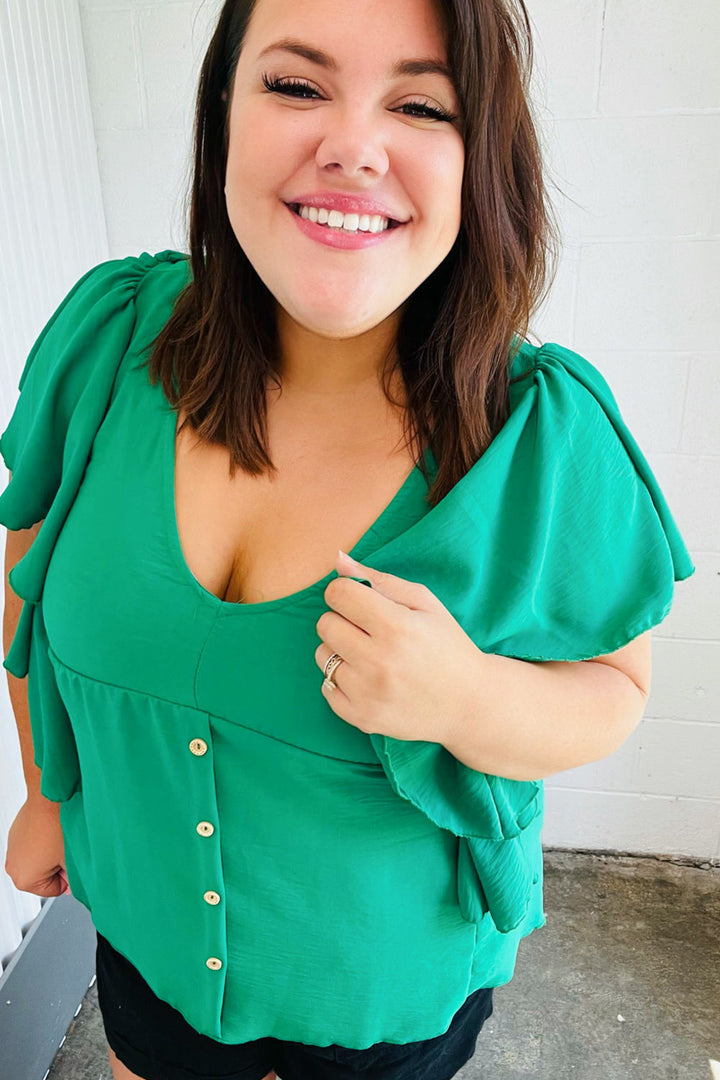 Sea Green Button Ruffle Woven Tops | Nikki &amp; Co. Boutique