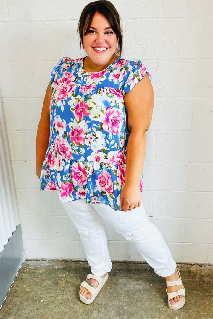 Sky Blue Floral Yoke Flutter Sleeve Keyhole Back Tops | Nikki &amp; Co. Boutique