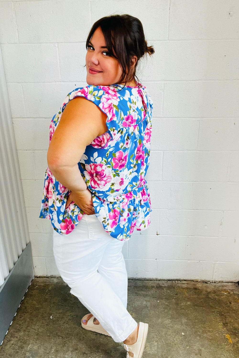 Sky Blue Floral Yoke Flutter Sleeve Keyhole Back Tops | Nikki &amp; Co. Boutique
