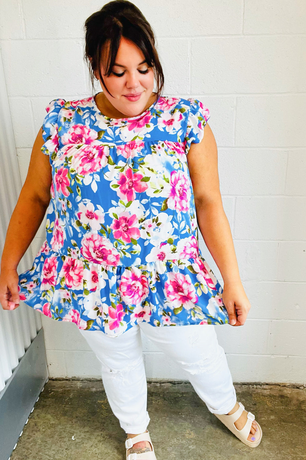 Sky Blue Floral Yoke Flutter Sleeve Keyhole Back Tops | Nikki &amp; Co. Boutique