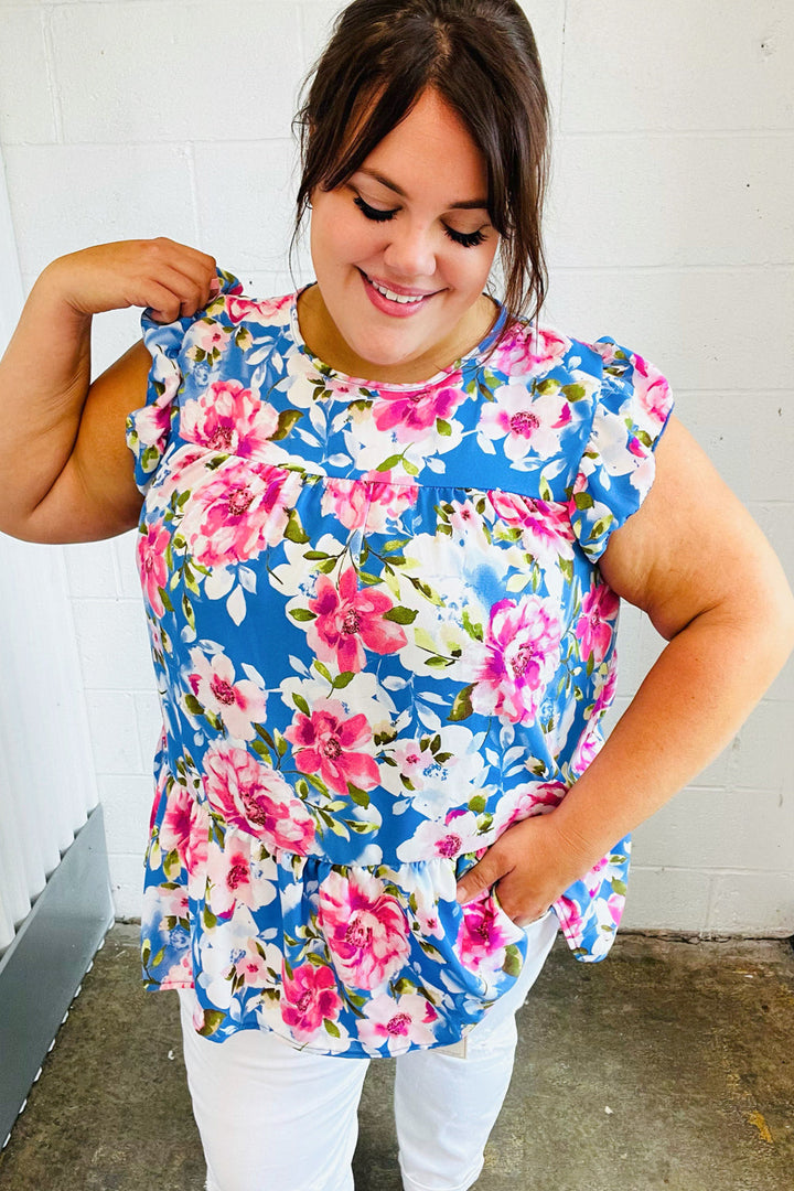 Sky Blue Floral Yoke Flutter Sleeve Keyhole Back Tops | Nikki &amp; Co. Boutique