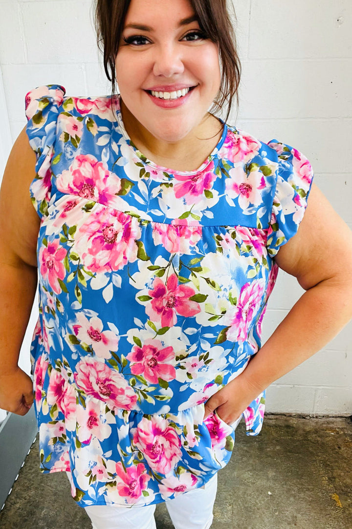 Sky Blue Floral Yoke Flutter Sleeve Keyhole Back Tops | Nikki &amp; Co. Boutique