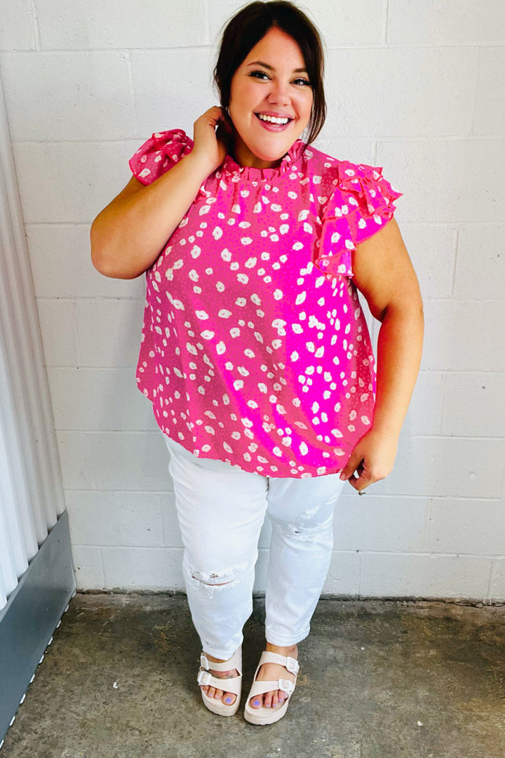 Hot Pink Floral Mock Neck Double Flutter Sleeve Tops | Nikki &amp; Co. Boutique