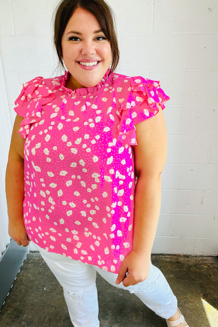 Hot Pink Floral Mock Neck Double Flutter Sleeve Tops | Nikki &amp; Co. Boutique
