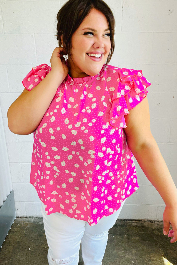 Hot Pink Floral Mock Neck Double Flutter Sleeve Tops | Nikki &amp; Co. Boutique