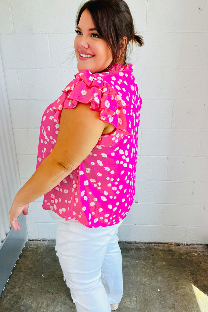 Hot Pink Floral Mock Neck Double Flutter Sleeve Tops | Nikki &amp; Co. Boutique
