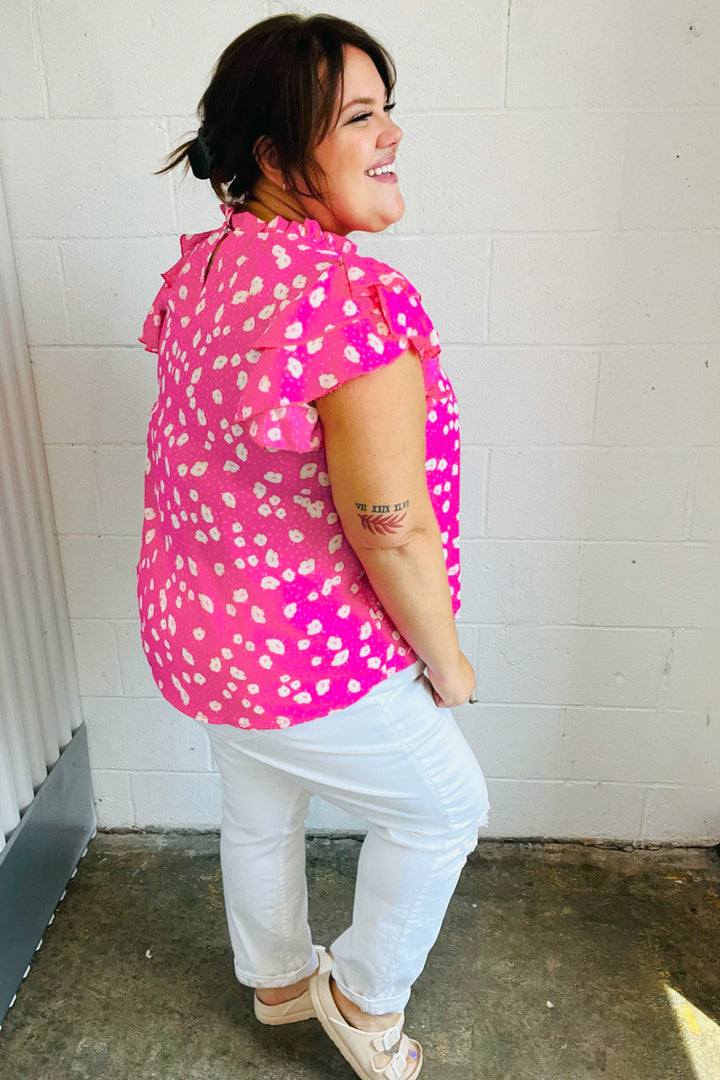 Hot Pink Floral Mock Neck Double Flutter Sleeve Tops | Nikki &amp; Co. Boutique