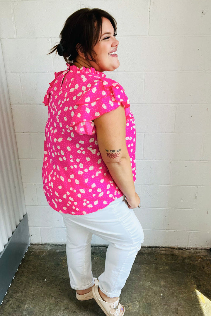Hot Pink Floral Mock Neck Double Flutter Sleeve Tops | Nikki &amp; Co. Boutique