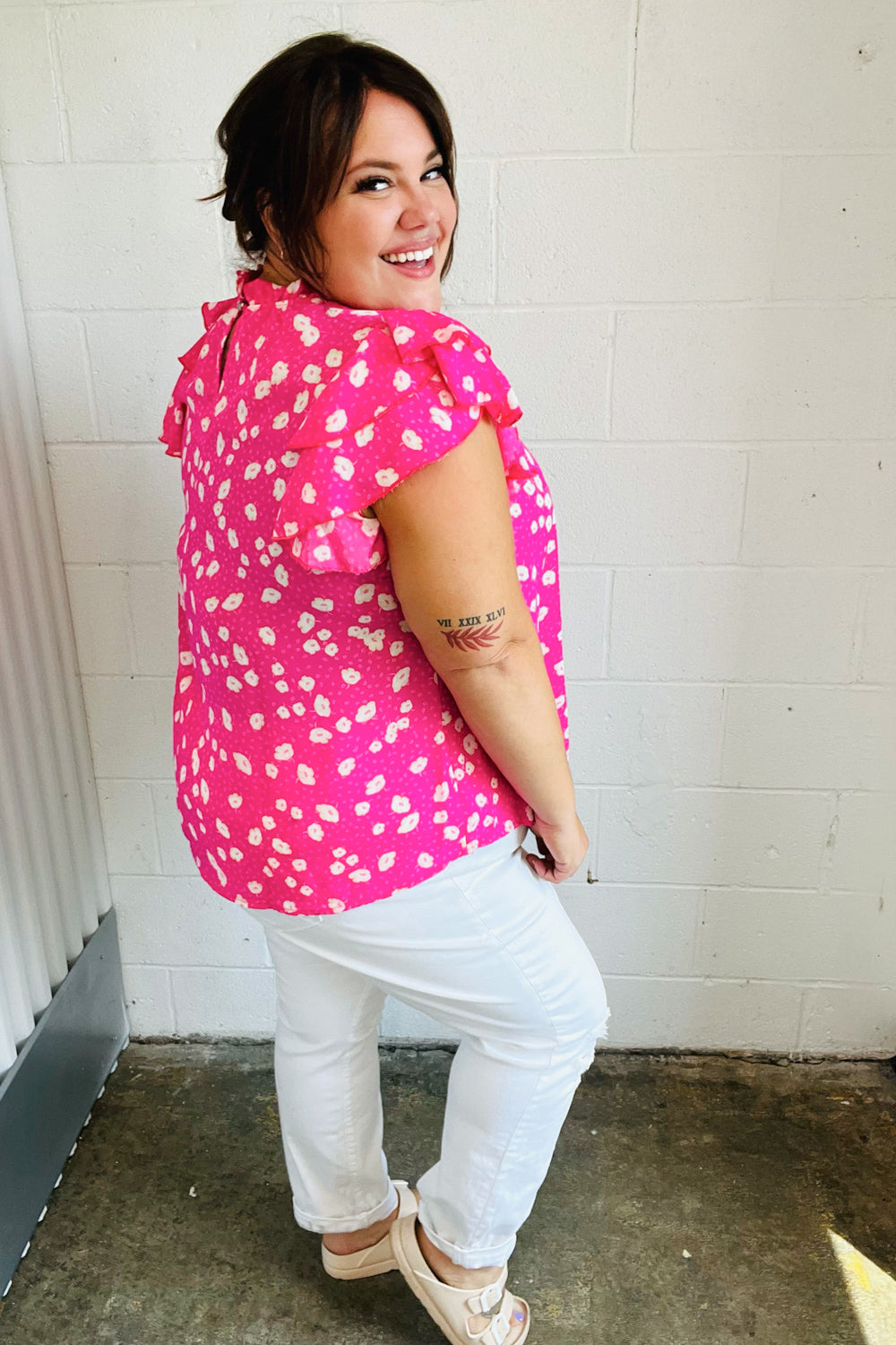 Hot Pink Floral Mock Neck Double Flutter Sleeve Tops | Nikki &amp; Co. Boutique