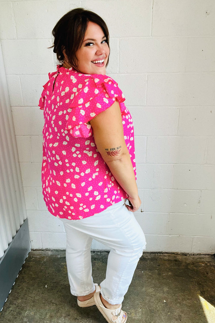 Hot Pink Floral Mock Neck Double Flutter Sleeve Tops | Nikki &amp; Co. Boutique
