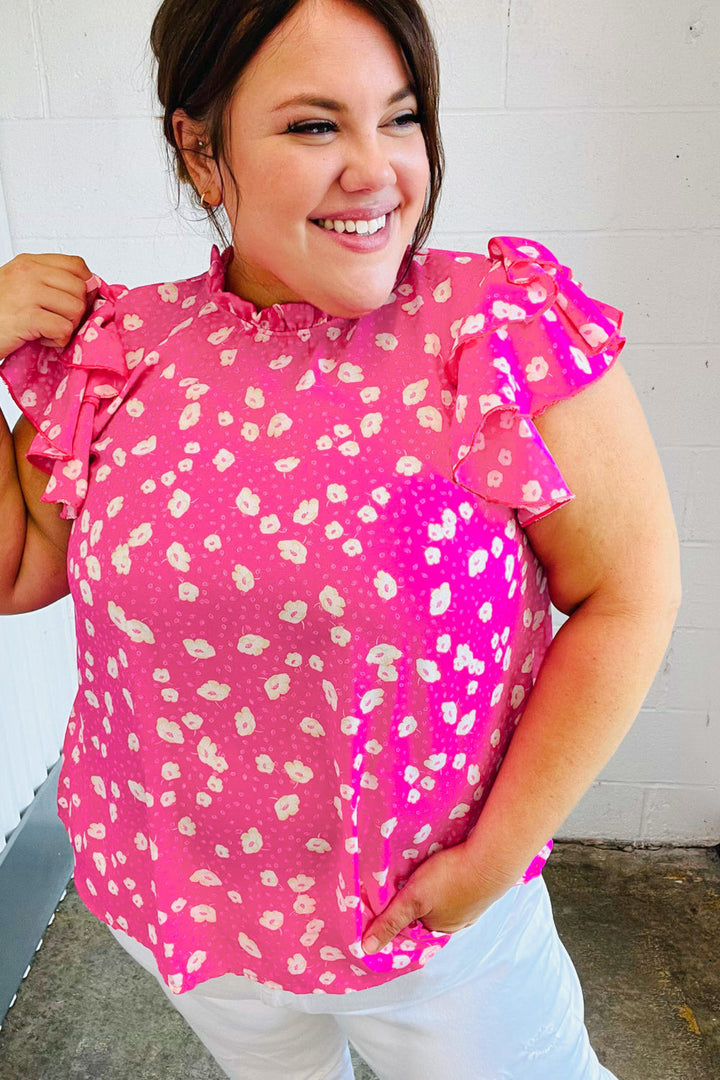 Hot Pink Floral Mock Neck Double Flutter Sleeve Tops | Nikki &amp; Co. Boutique