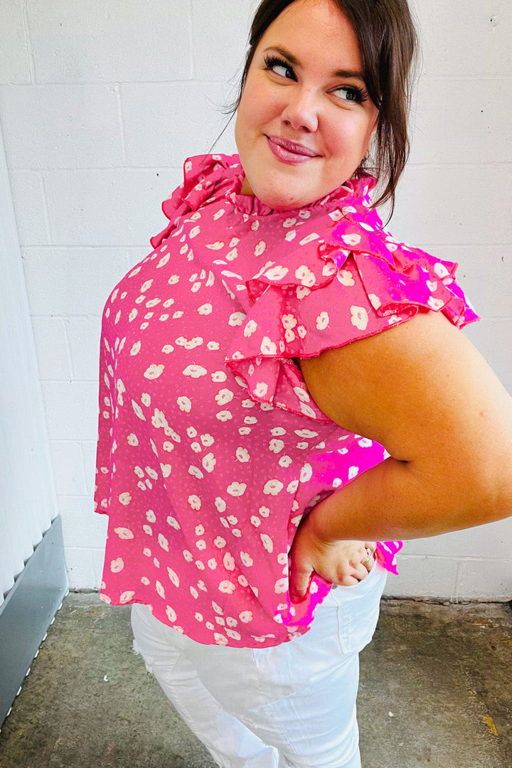 Hot Pink Floral Mock Neck Double Flutter Sleeve Tops | Nikki &amp; Co. Boutique