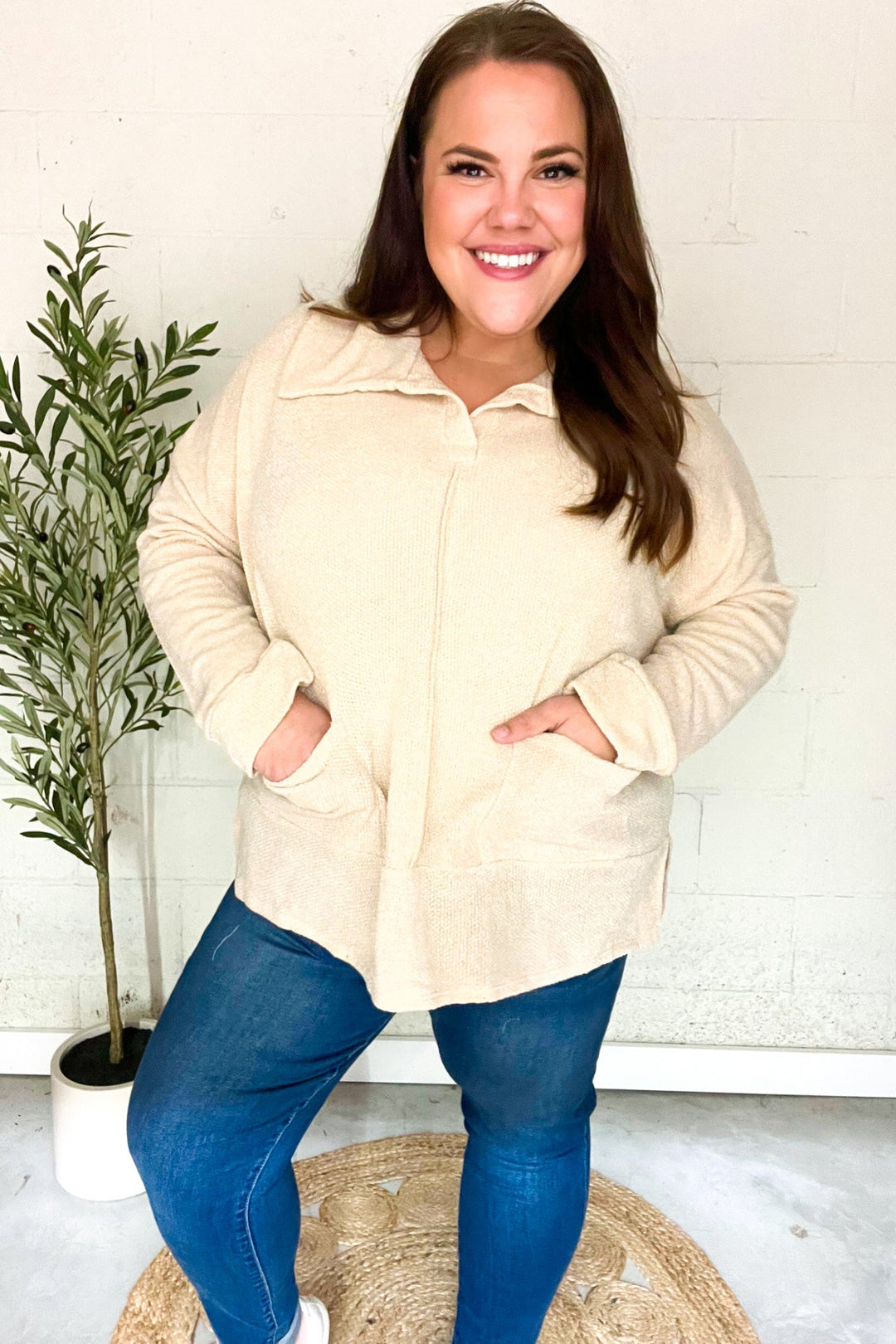 Easy Living Oatmeal Textured Knit Notch Neck Oversized Collar Sweater | Nikki &amp; Co. Boutique