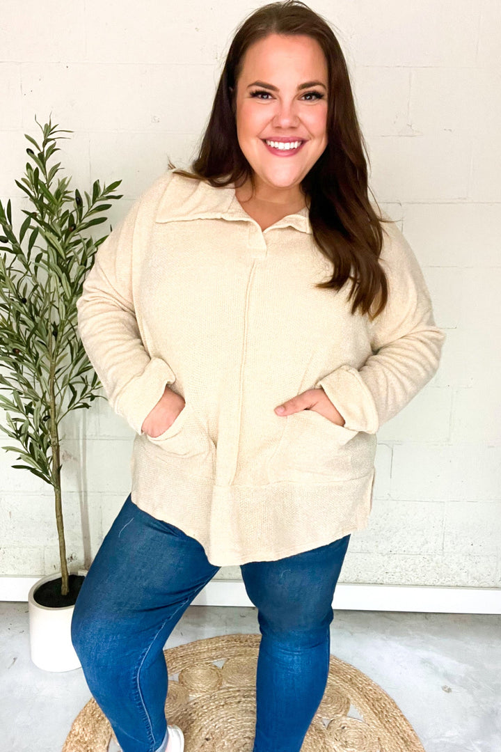Easy Living Oatmeal Textured Knit Notch Neck Oversized Collar Sweater | Nikki &amp; Co. Boutique