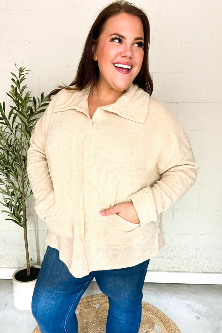 Easy Living Oatmeal Textured Knit Notch Neck Oversized Collar Sweater | Nikki &amp; Co. Boutique