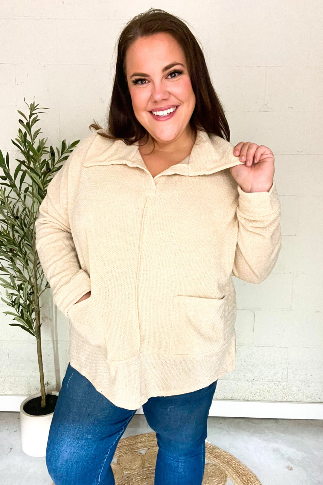 Easy Living Oatmeal Textured Knit Notch Neck Oversized Collar Sweater | Nikki &amp; Co. Boutique