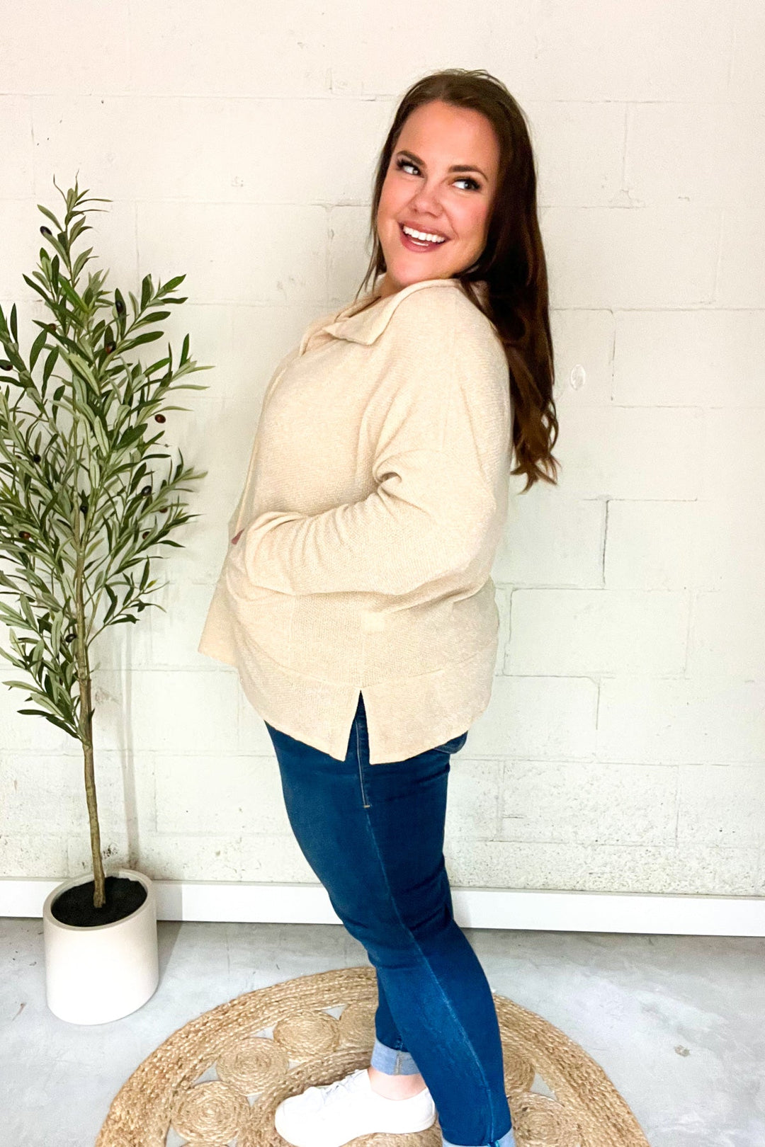 Easy Living Oatmeal Textured Knit Notch Neck Oversized Collar Sweater | Nikki &amp; Co. Boutique