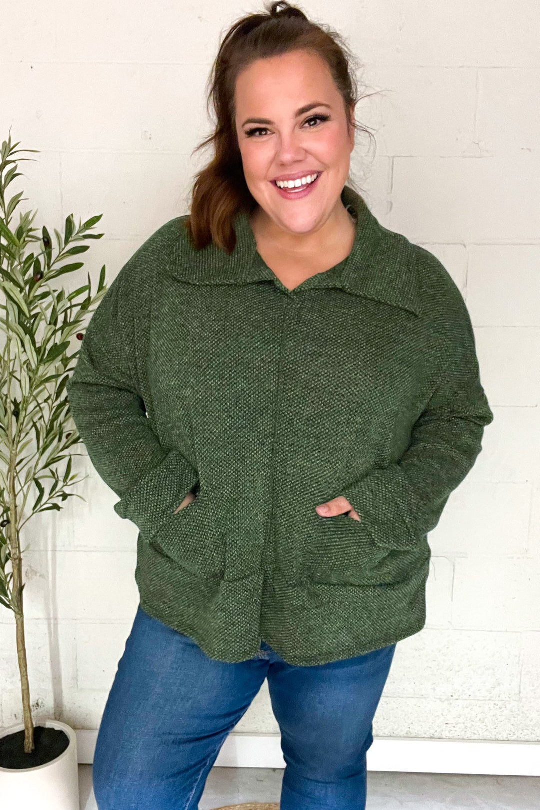 Easy Living Olive Textured Knit Notch Neck Oversized Collar Sweater | Nikki &amp; Co. Boutique