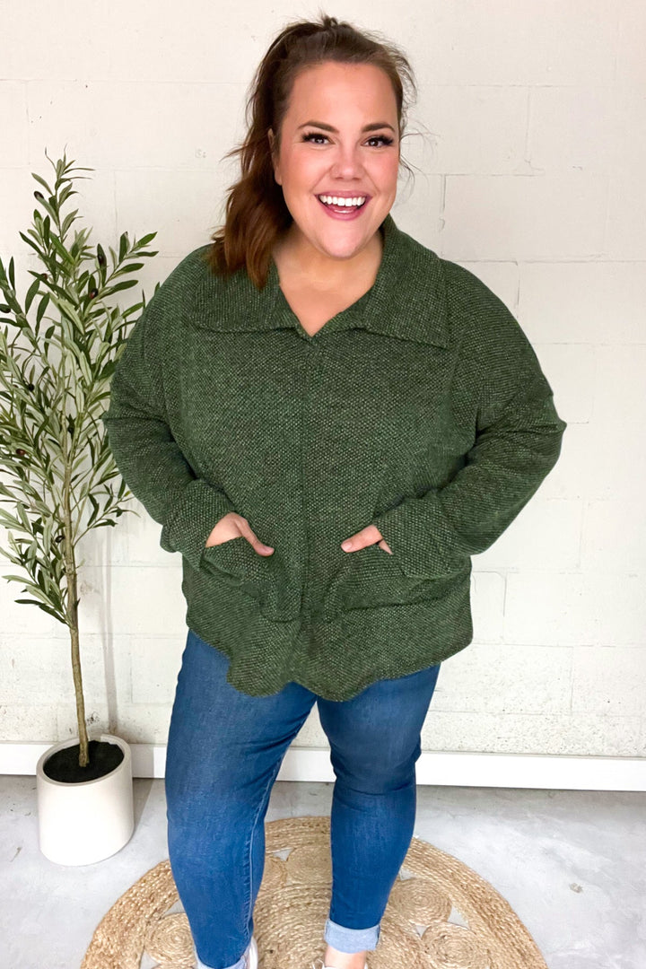 Easy Living Olive Textured Knit Notch Neck Oversized Collar Sweater | Nikki &amp; Co. Boutique