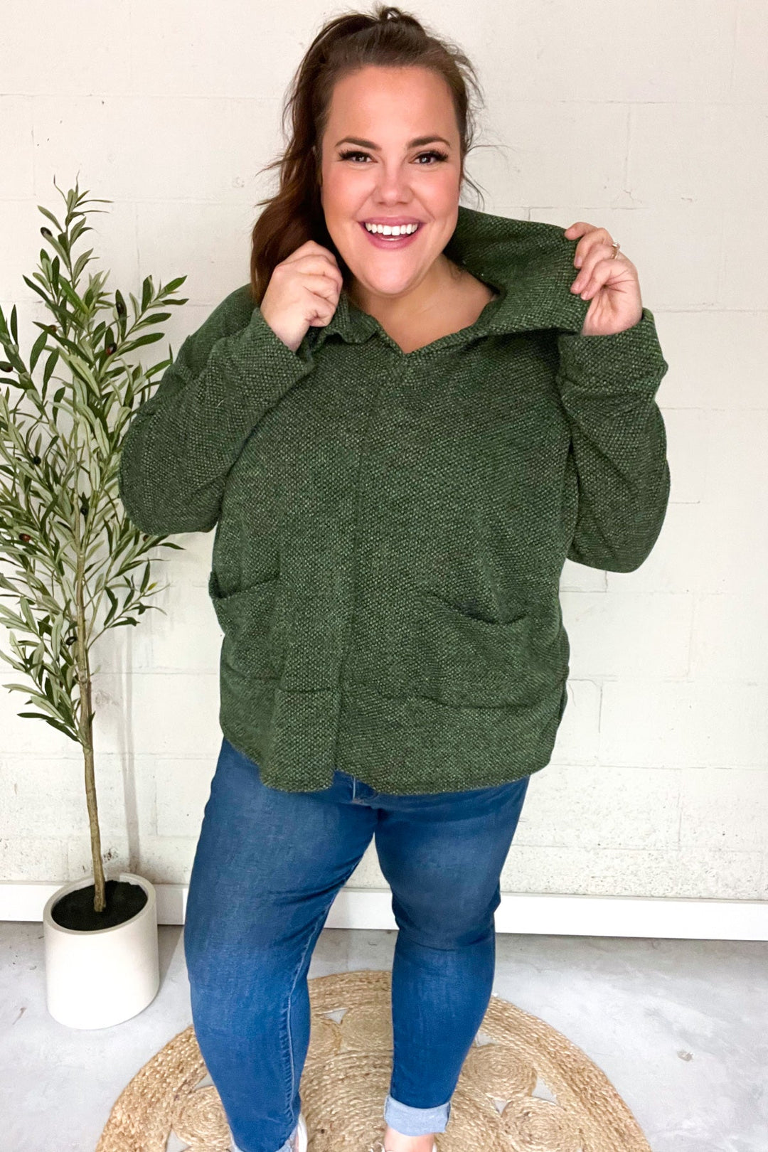 Easy Living Olive Textured Knit Notch Neck Oversized Collar Sweater | Nikki &amp; Co. Boutique