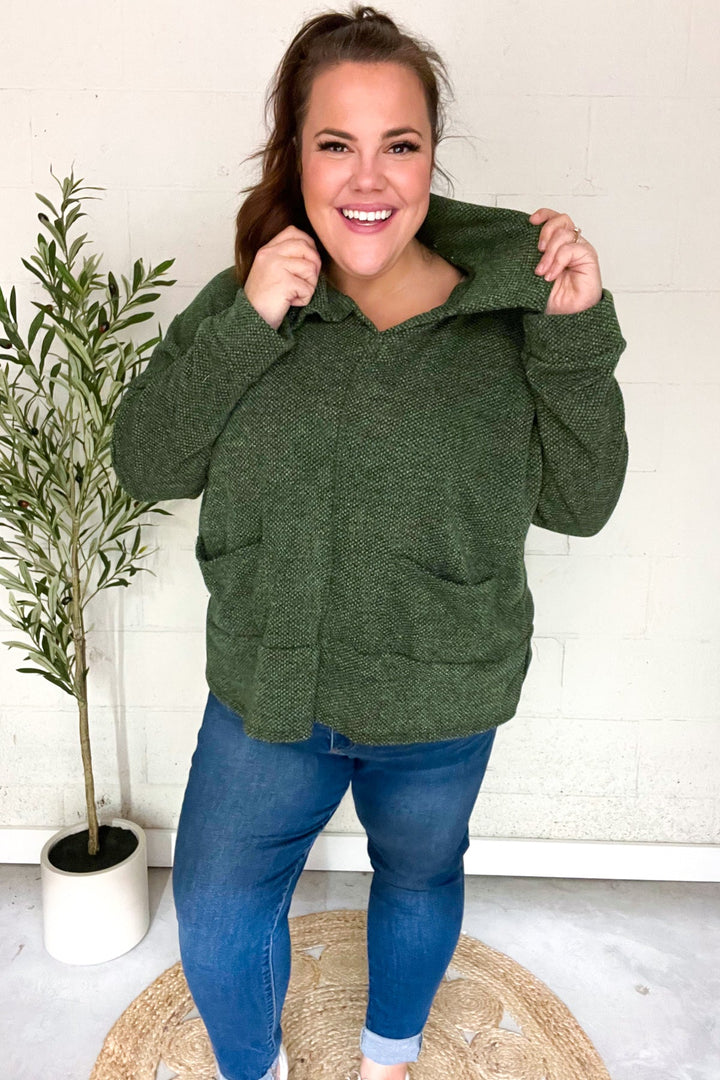 Easy Living Olive Textured Knit Notch Neck Oversized Collar Sweater | Nikki &amp; Co. Boutique