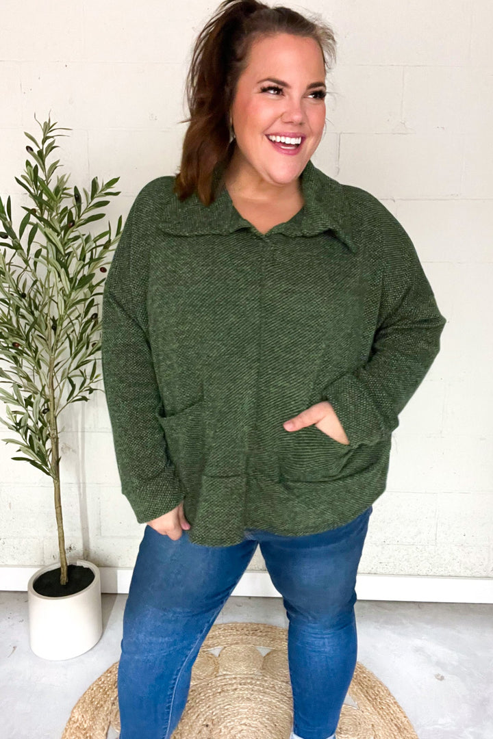 Easy Living Olive Textured Knit Notch Neck Oversized Collar Sweater | Nikki &amp; Co. Boutique