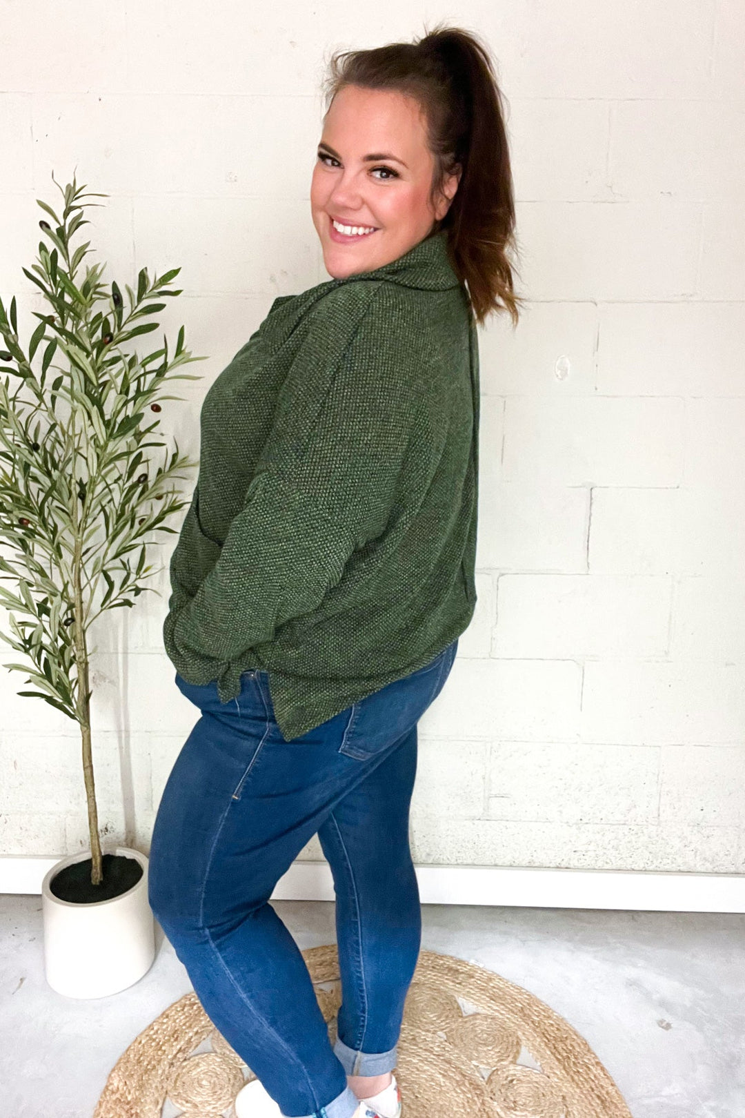 Easy Living Olive Textured Knit Notch Neck Oversized Collar Sweater | Nikki &amp; Co. Boutique