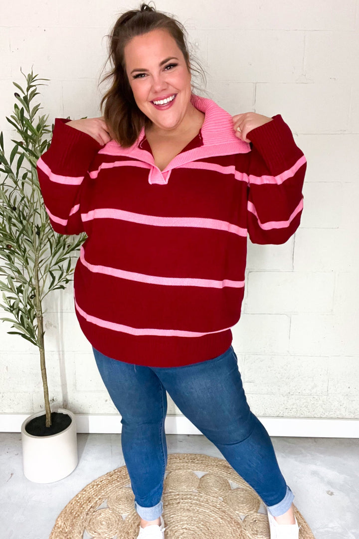 Fall For You Crimson Stripe Notched Neck Collared Oversized Sweater | Nikki &amp; Co. Boutique