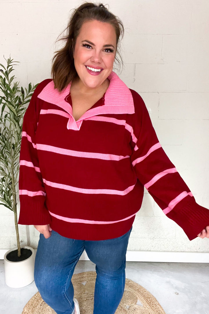 Fall For You Crimson Stripe Notched Neck Collared Oversized Sweater | Nikki &amp; Co. Boutique