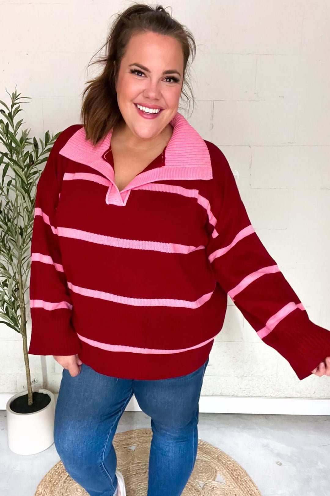 Fall For You Crimson Stripe Notched Neck Collared Oversized Sweater - Nikki &amp; Co. Boutique