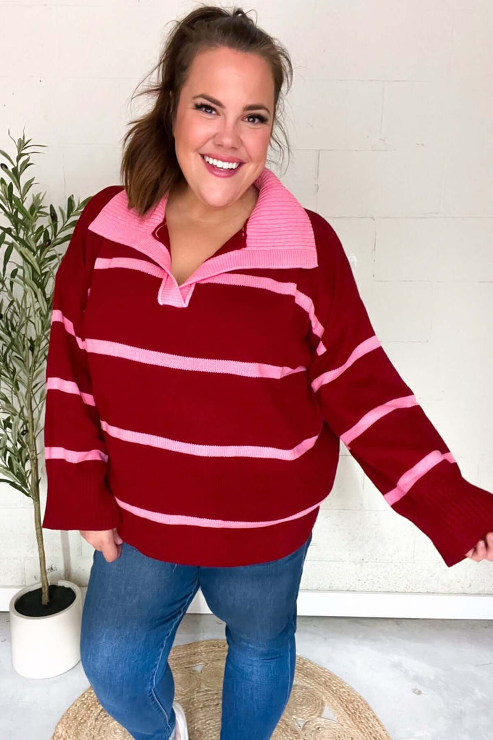 Fall For You Crimson Stripe Notched Neck Collared Oversized Sweater - Nikki &amp; Co. Boutique