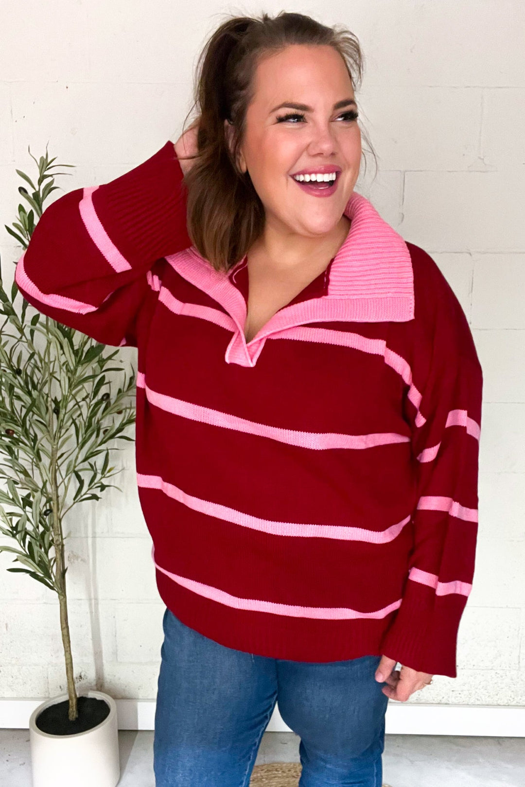 Fall For You Crimson Stripe Notched Neck Collared Oversized Sweater | Nikki &amp; Co. Boutique