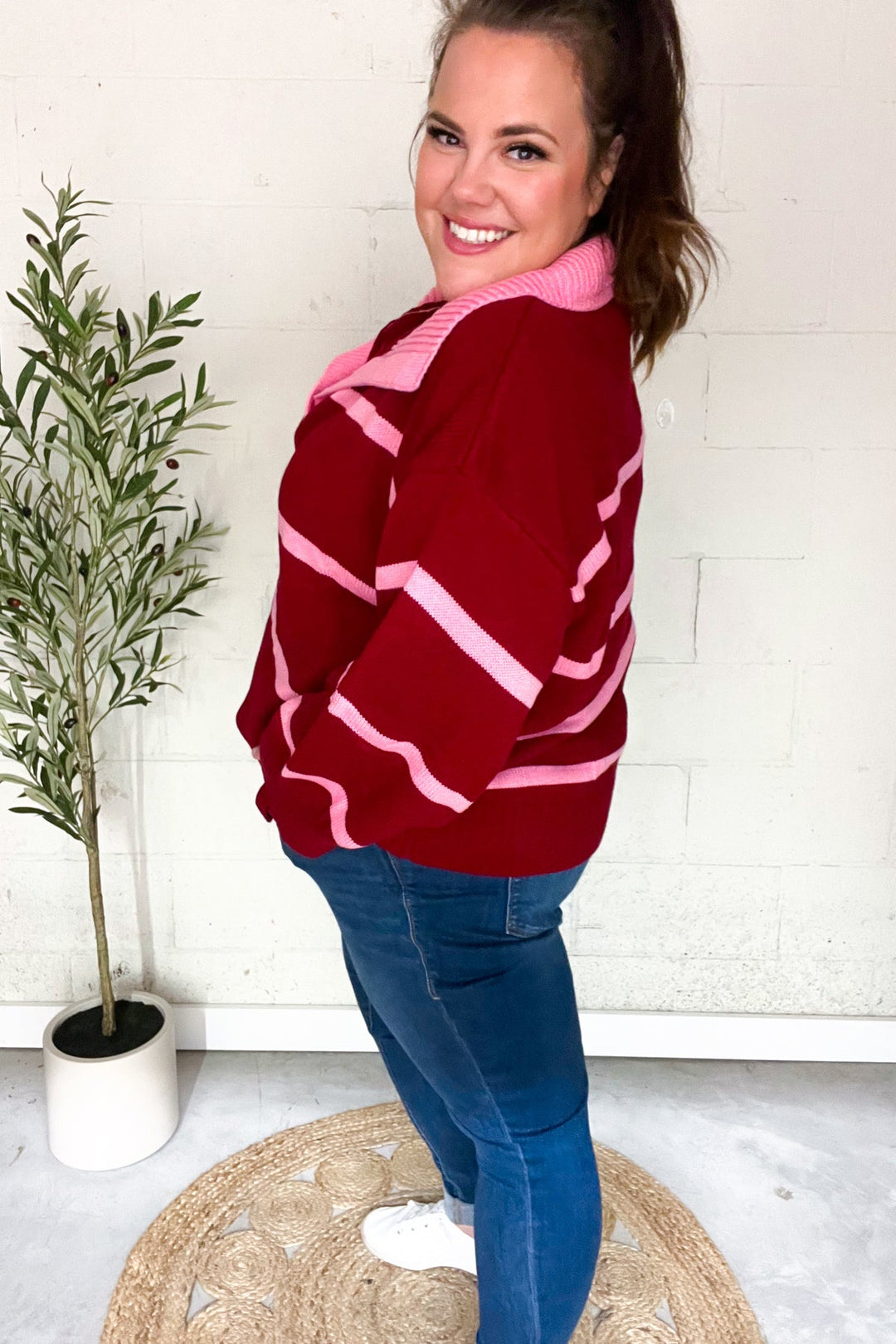 Fall For You Crimson Stripe Notched Neck Collared Oversized Sweater | Nikki &amp; Co. Boutique
