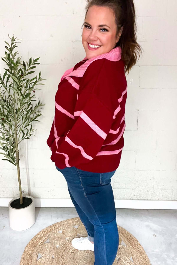 Fall For You Crimson Stripe Notched Neck Collared Oversized Sweater - Nikki &amp; Co. Boutique