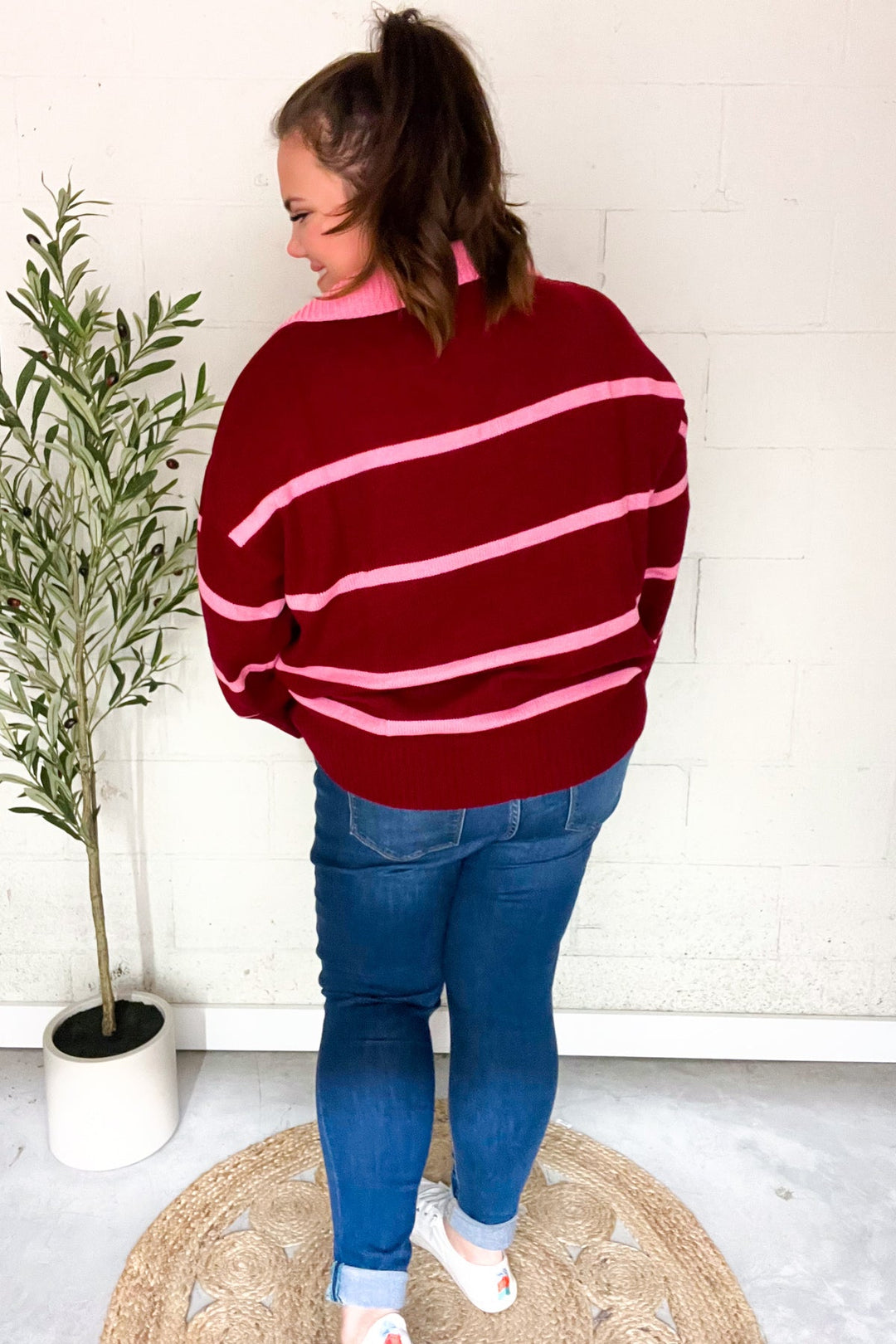 Fall For You Crimson Stripe Notched Neck Collared Oversized Sweater | Nikki &amp; Co. Boutique
