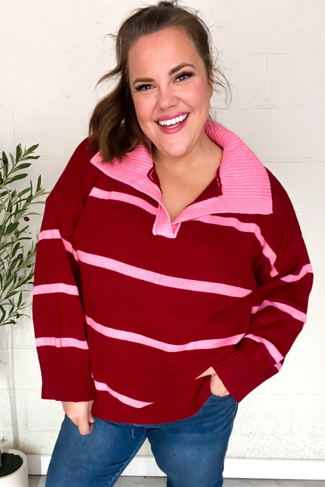 Fall For You Crimson Stripe Notched Neck Collared Oversized Sweater | Nikki & Co. Boutique
