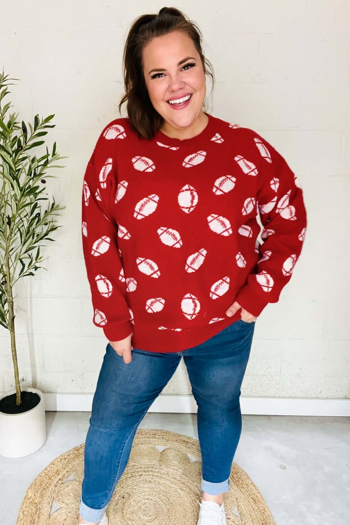 Game Day Red Football Print Jacquard Knit Sweater - Nikki &amp; Co. Boutique
