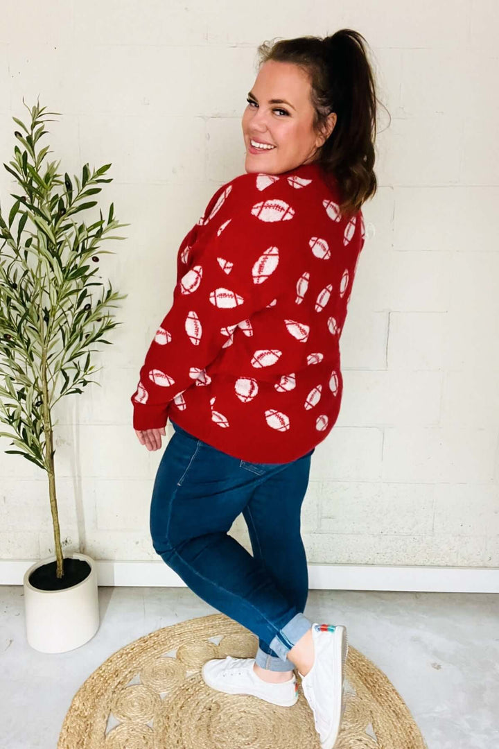 Game Day Red Football Print Jacquard Knit Sweater - Nikki &amp; Co. Boutique