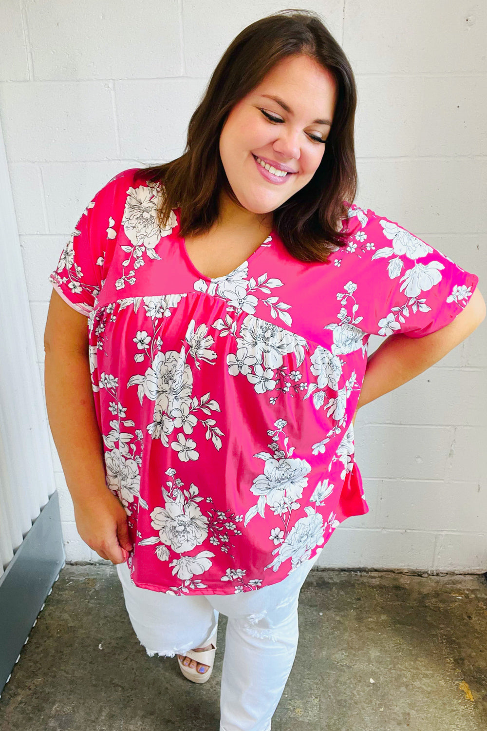 Fuchsia Floral V Neck Dolman Tops | Nikki &amp; Co. Boutique