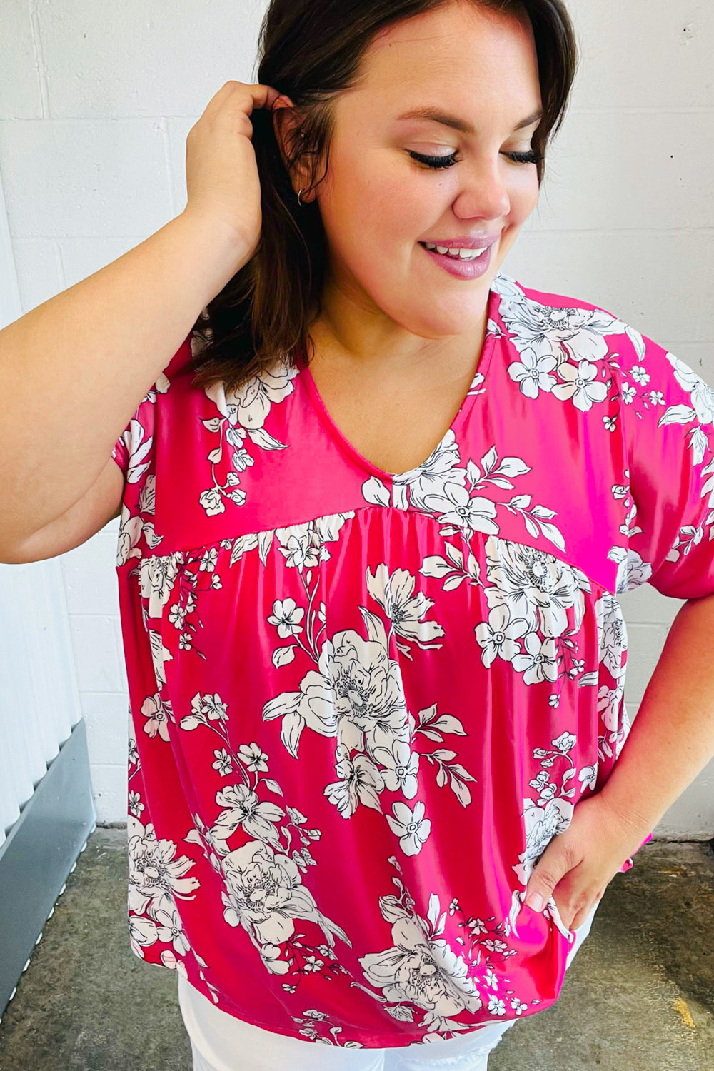 Fuchsia Floral V Neck Dolman Tops | Nikki &amp; Co. Boutique