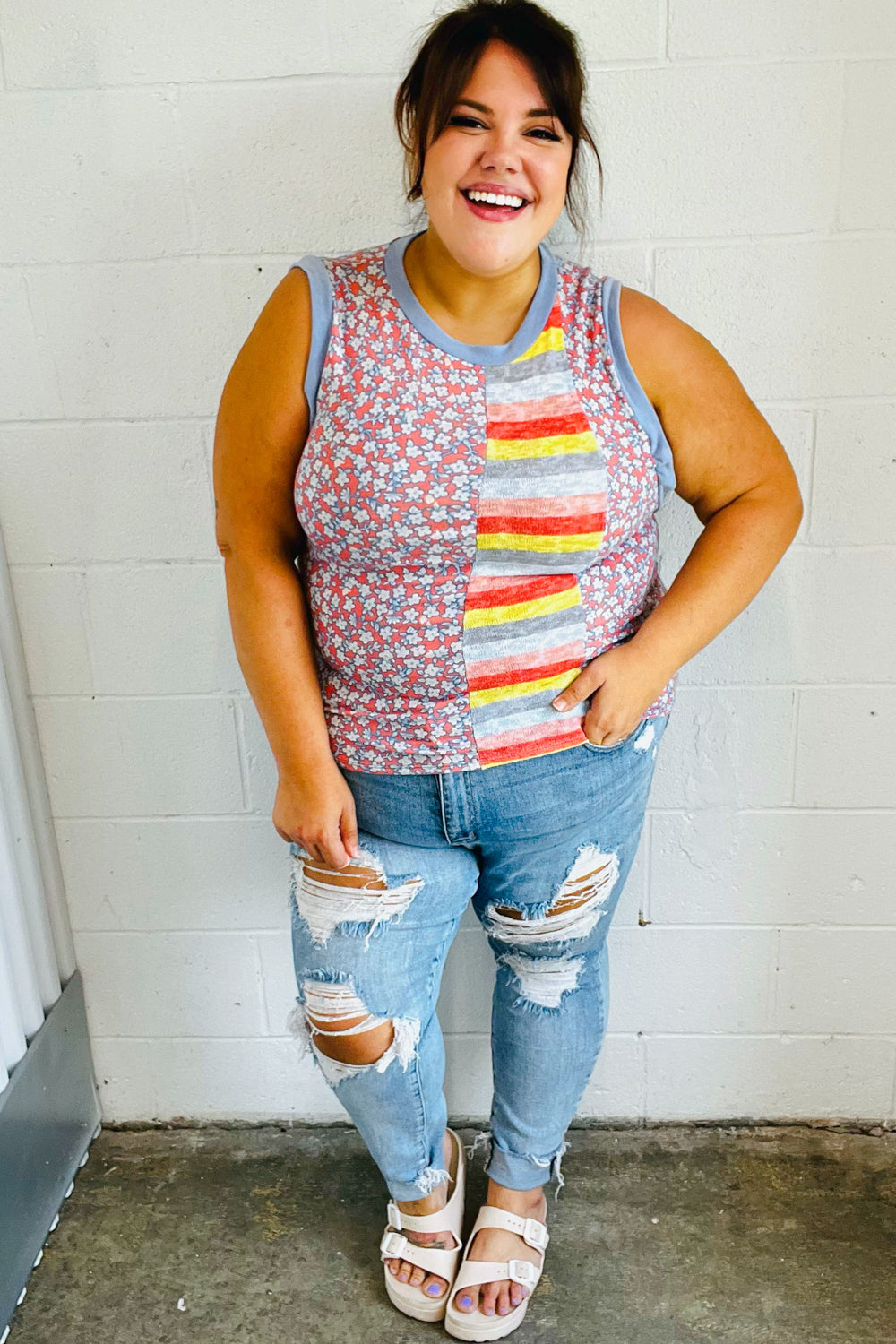 Coral &amp; Denim Stripe Floral Print Tank Top | Nikki &amp; Co. Boutique